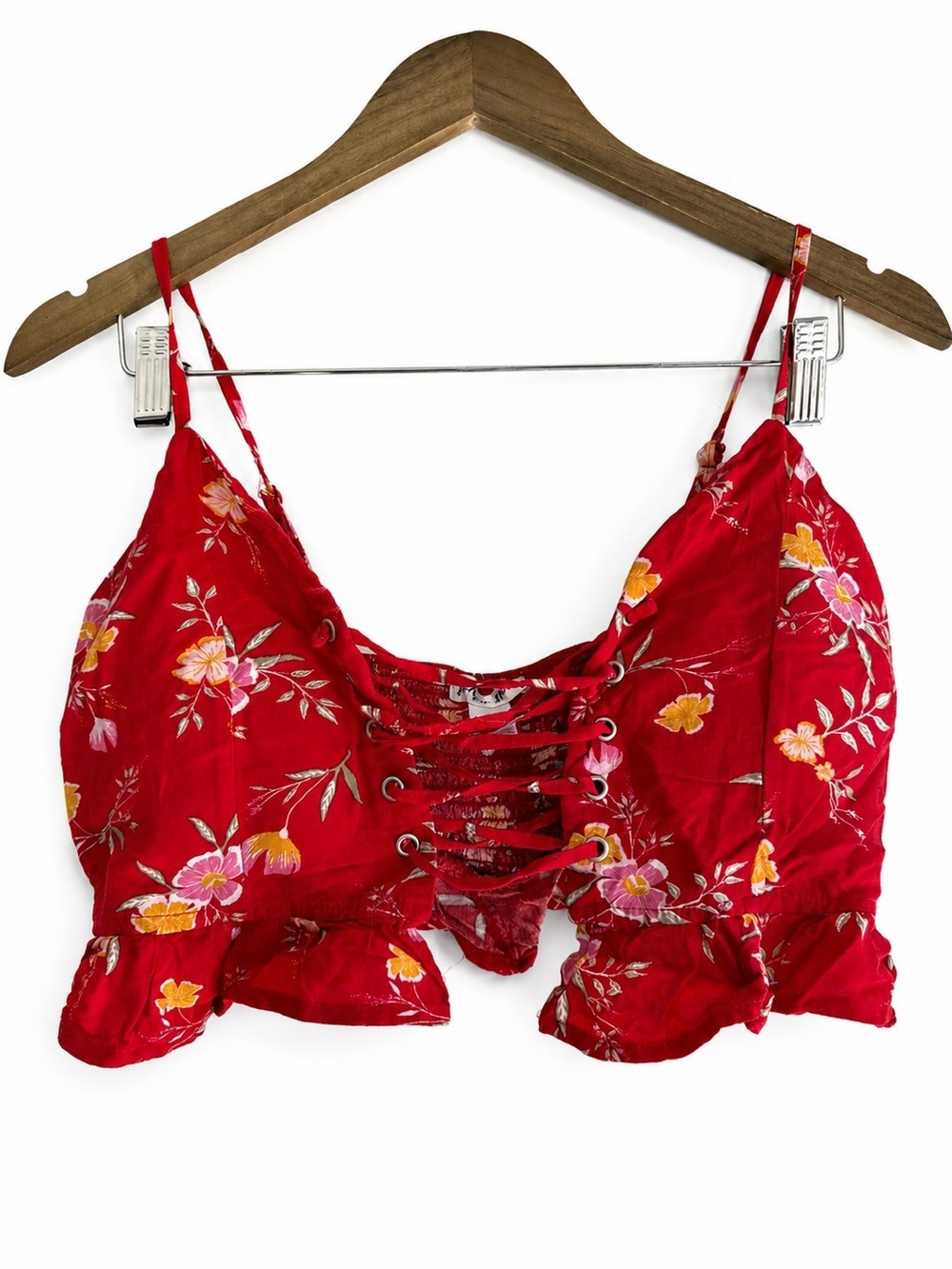 Streetwear Society Red Floral Lace-Up Coquette Girl Crop Top Vacation Size S